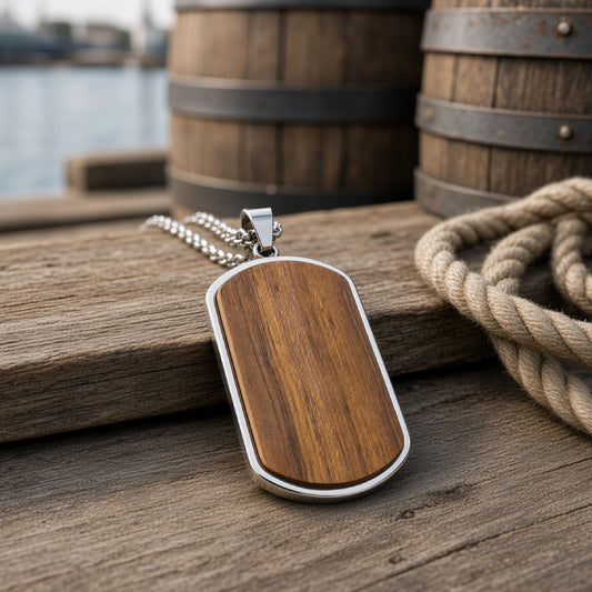 A dog tag pendant necklace with a polished brown wood inlay and a silver-tone metal border, resting on a rustic wooden surface with barrels and rope in the background.