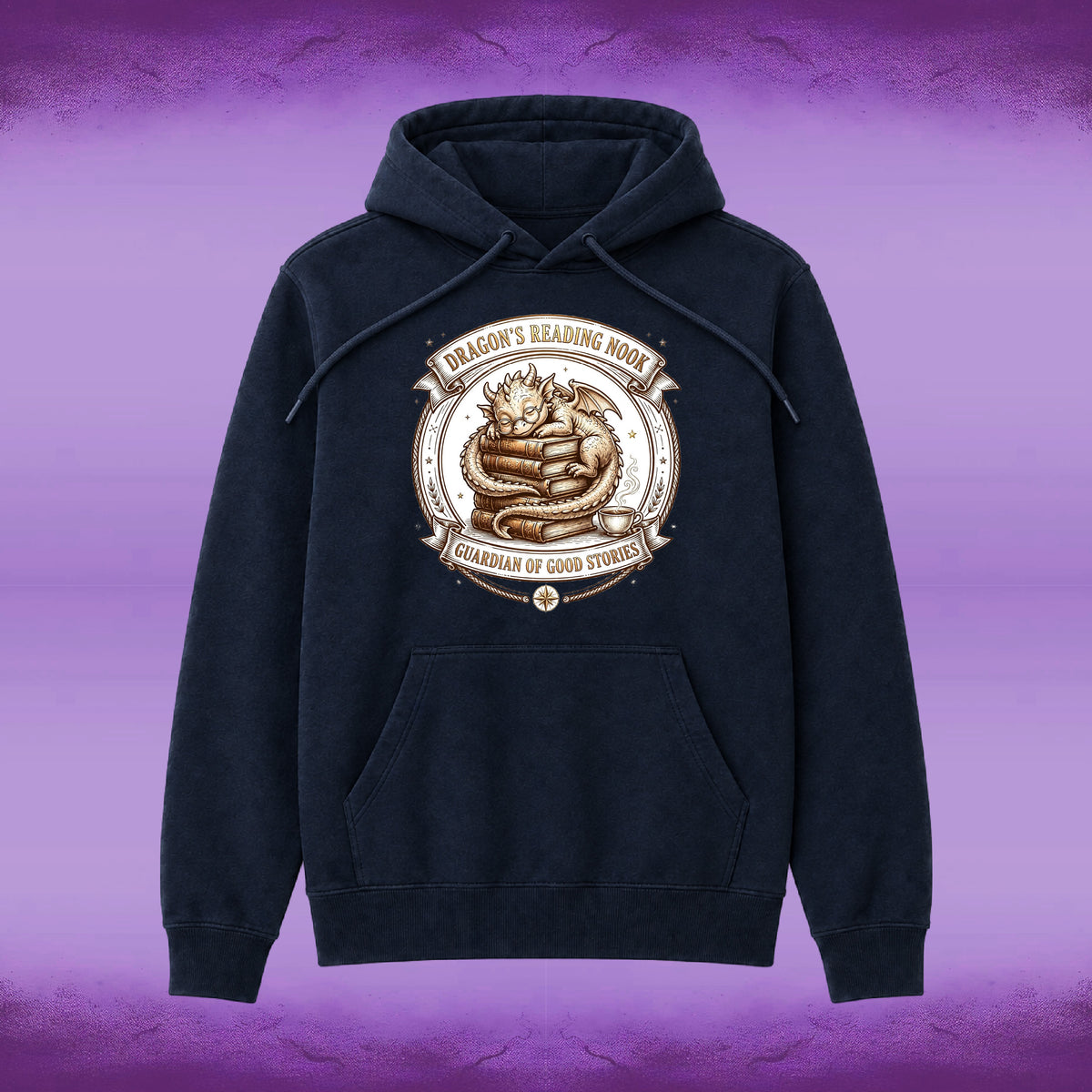 A dark navy blue hoodie with a large circular graphic on the chest featuring a dragon wrapped in a blanket and the text 'DRAGON'S READING NOON' and 'GARDIAN OF GOOD STORIES'. The hoodie is displayed against a purple textured background.