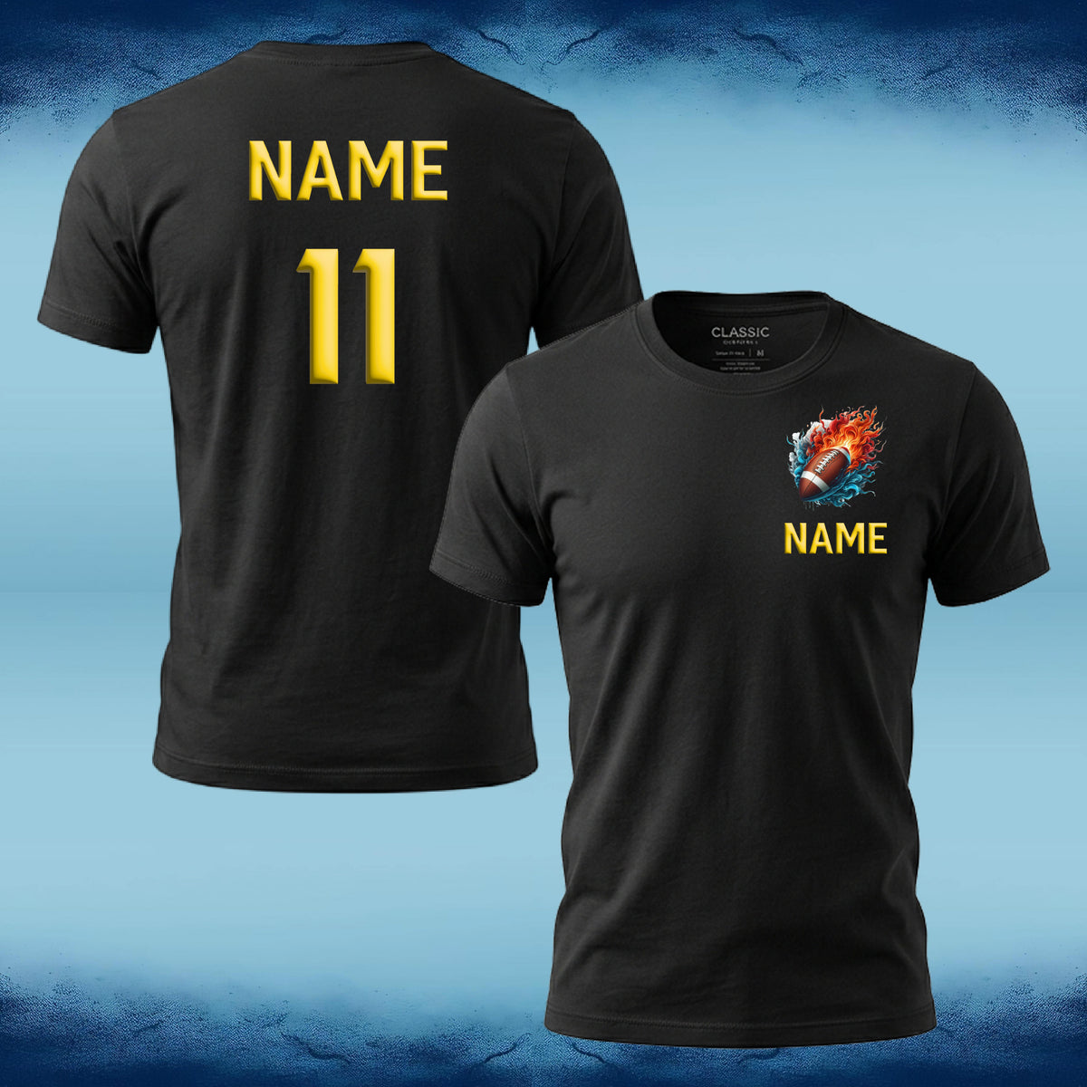 Two views of a black short-sleeve t-shirt shown on a blue gradient background. The back view shows 'NAME' and '11' in yellow.