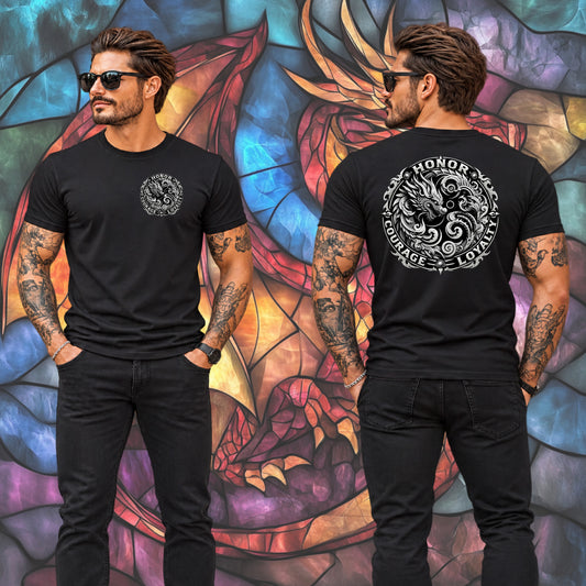 A man modeling a black short-sleeve graphic T-shirt from the front and back, standing in front of a colorful stained-glass-style dragon mural. The front shows a small circular chest graphic, and the back shows a large circular graphic with a dragon and the words 'HONOR COURAGE LOYALTY'.