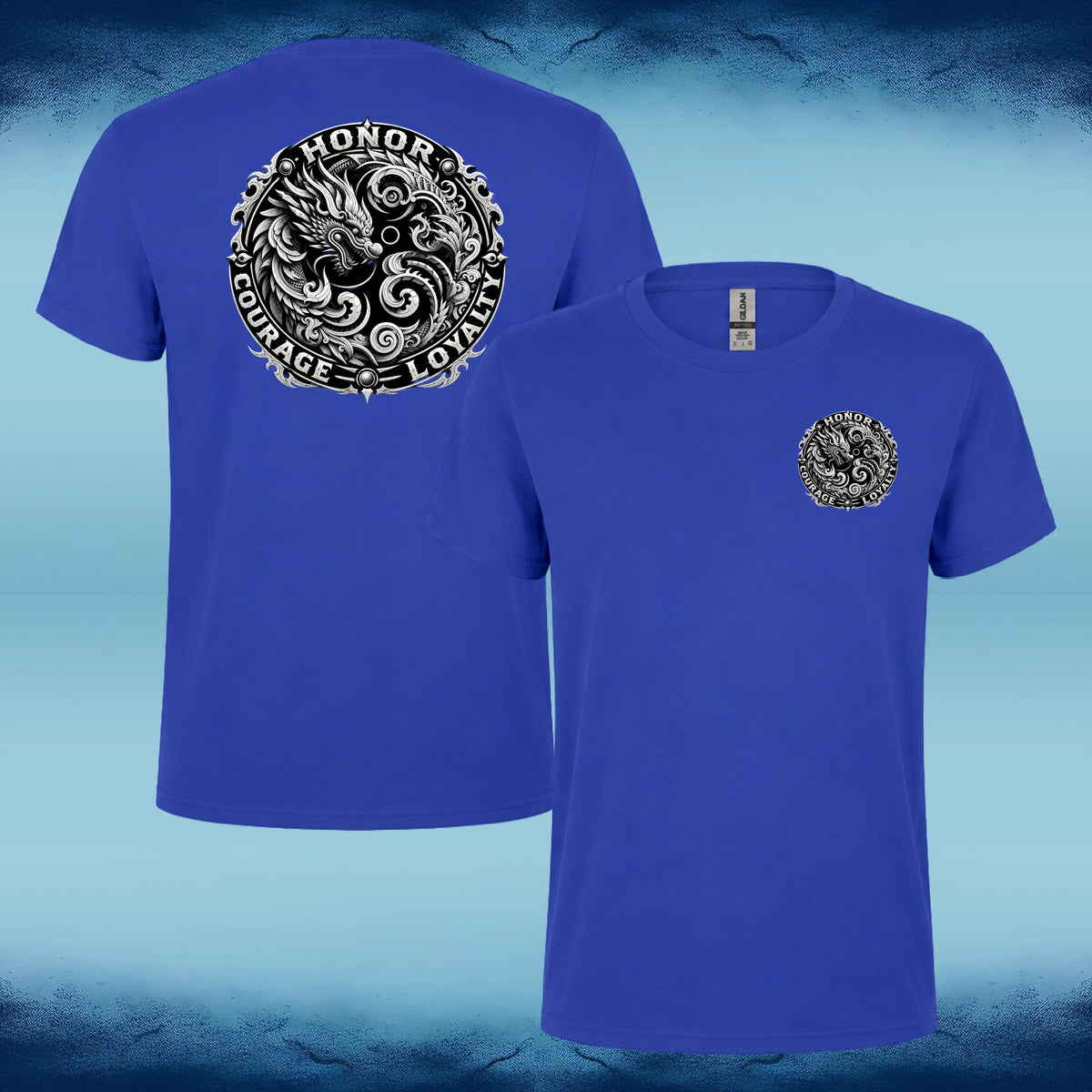 A royal blue short-sleeve t-shirt shown from both front and back. The back features a large circular black and white graphic of a dragon with the words 'HONOR', 'COURAGE', and 'LOYALTY' printed around it.