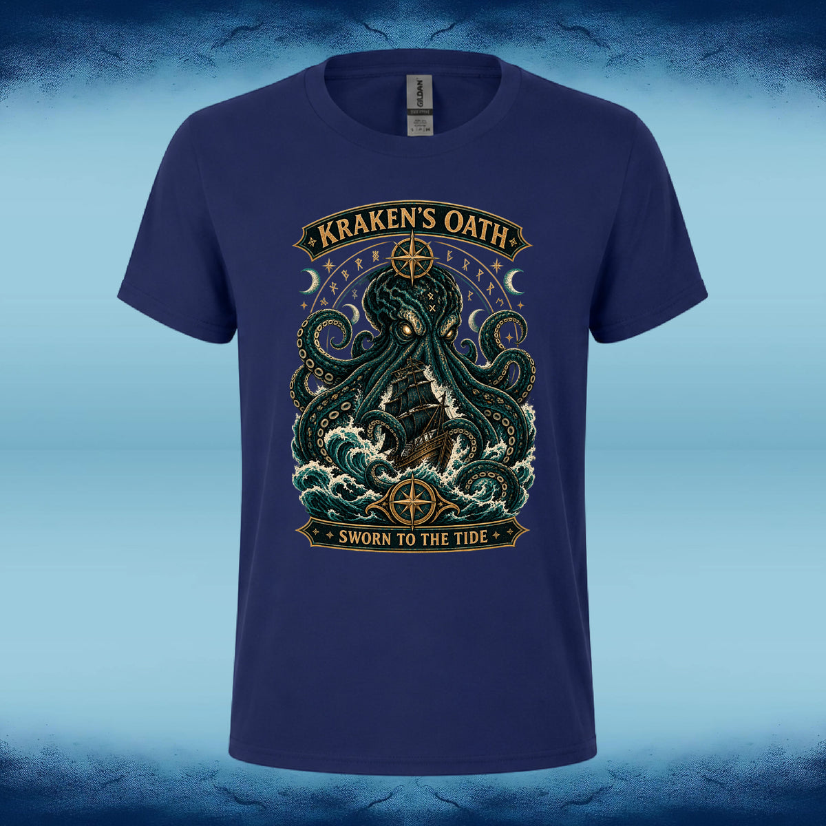 Navy crew neck tee with the Kraken's Oath intricate kraken graphic, by Sigil Harbor