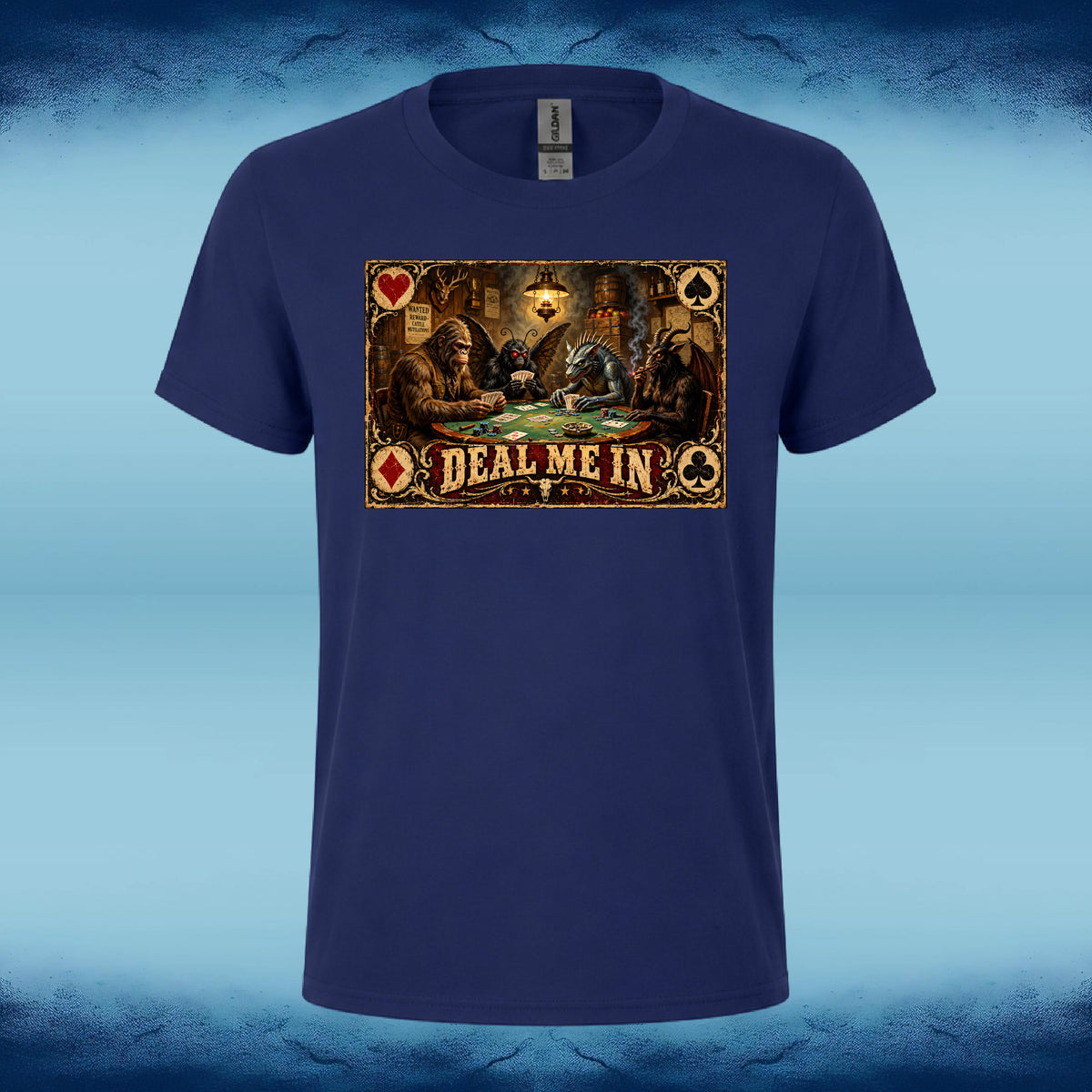 Navy crewneck tee featuring cryptids playing poker in a saloon with “Deal Me In” lettering.