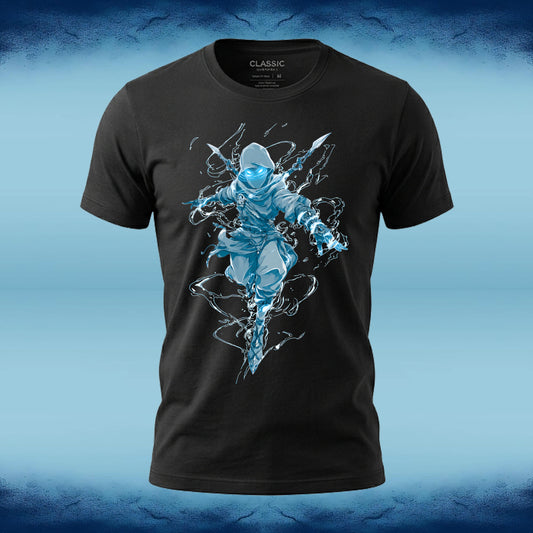 A black short-sleeve t-shirt with a graphic of a ninja in a blue and white ice-like pose, displayed on a blue textured background.