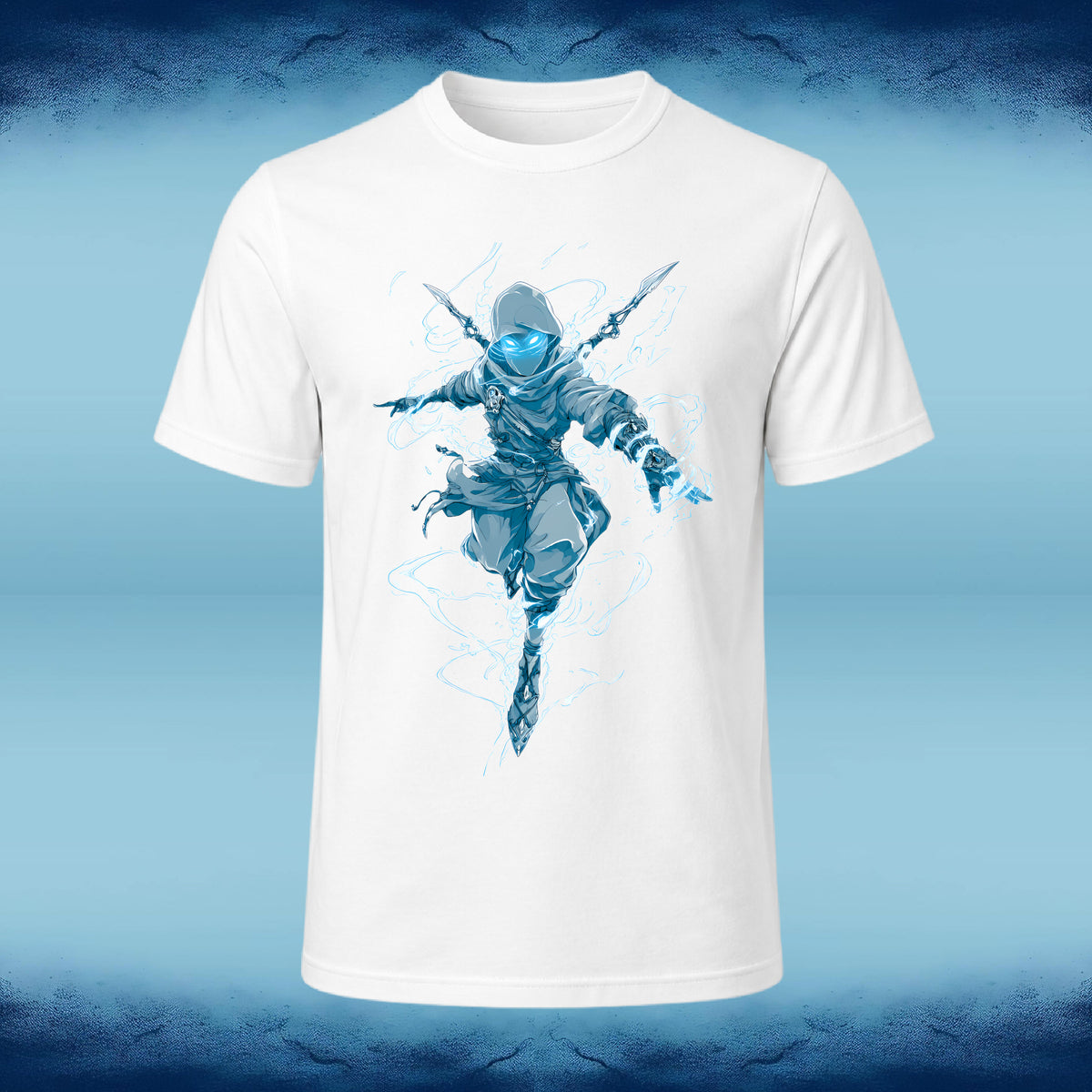 A white short-sleeve crewneck t-shirt featuring a blue and gray graphic of a ninja character with glowing blue eyes and lightning effects, displayed against a blue textured background.