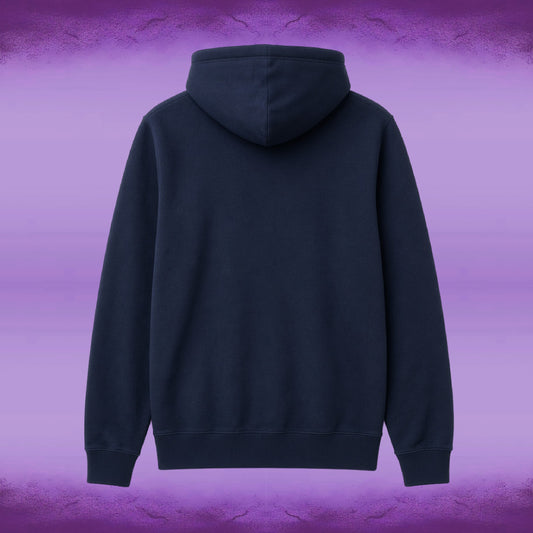 A dark navy blue hoodie shown from the back, centered against a purple gradient background with a textured, cracked pattern at the top and bottom.