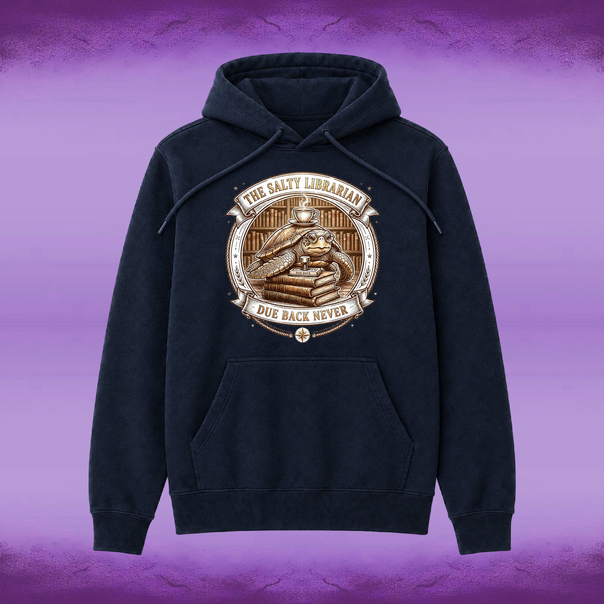 A dark navy blue hoodie with a detailed vintage-style graphic on the chest depicting a librarian and books, with the text 'THE SLIPY LIBRARIAN DUE BACK NEVER'. The hoodie is displayed against a textured purple gradient background.