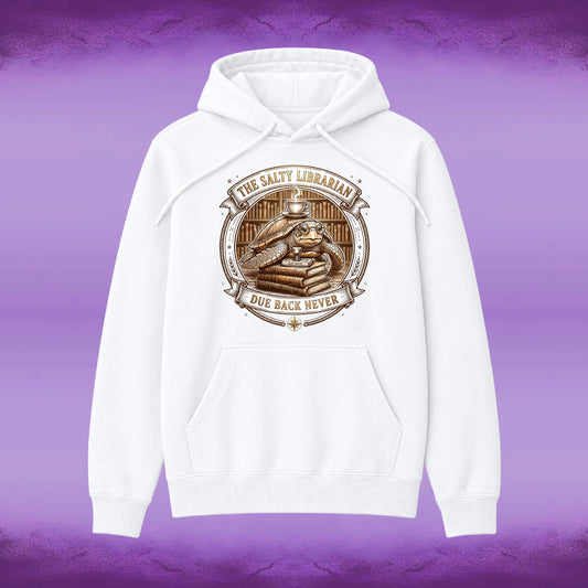 A white pullover hoodie with a detailed circular graphic on the chest featuring a librarian illustration and the text 'THE SALTY LIBRARIAN' and 'DUE BACK NEVER'. The hoodie is displayed against a purple textured background.