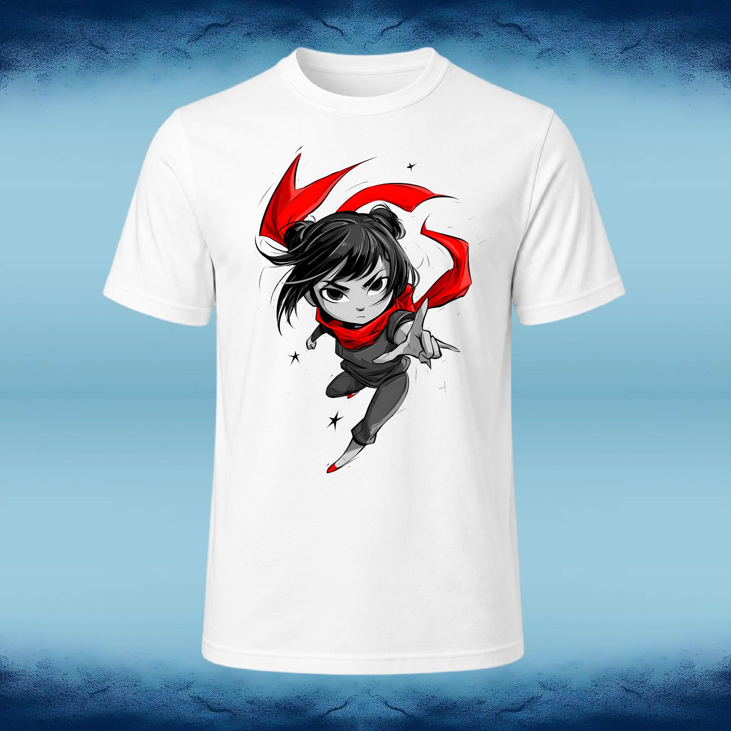 A white short-sleeve crewneck t-shirt featuring a graphic print of a chibi anime character with black hair, a red cape, and a red scarf, set against a blue textured background.