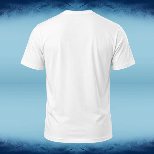 A white short-sleeve crewneck t-shirt shown from the back, centered against a blue gradient background with a textured dark blue border.