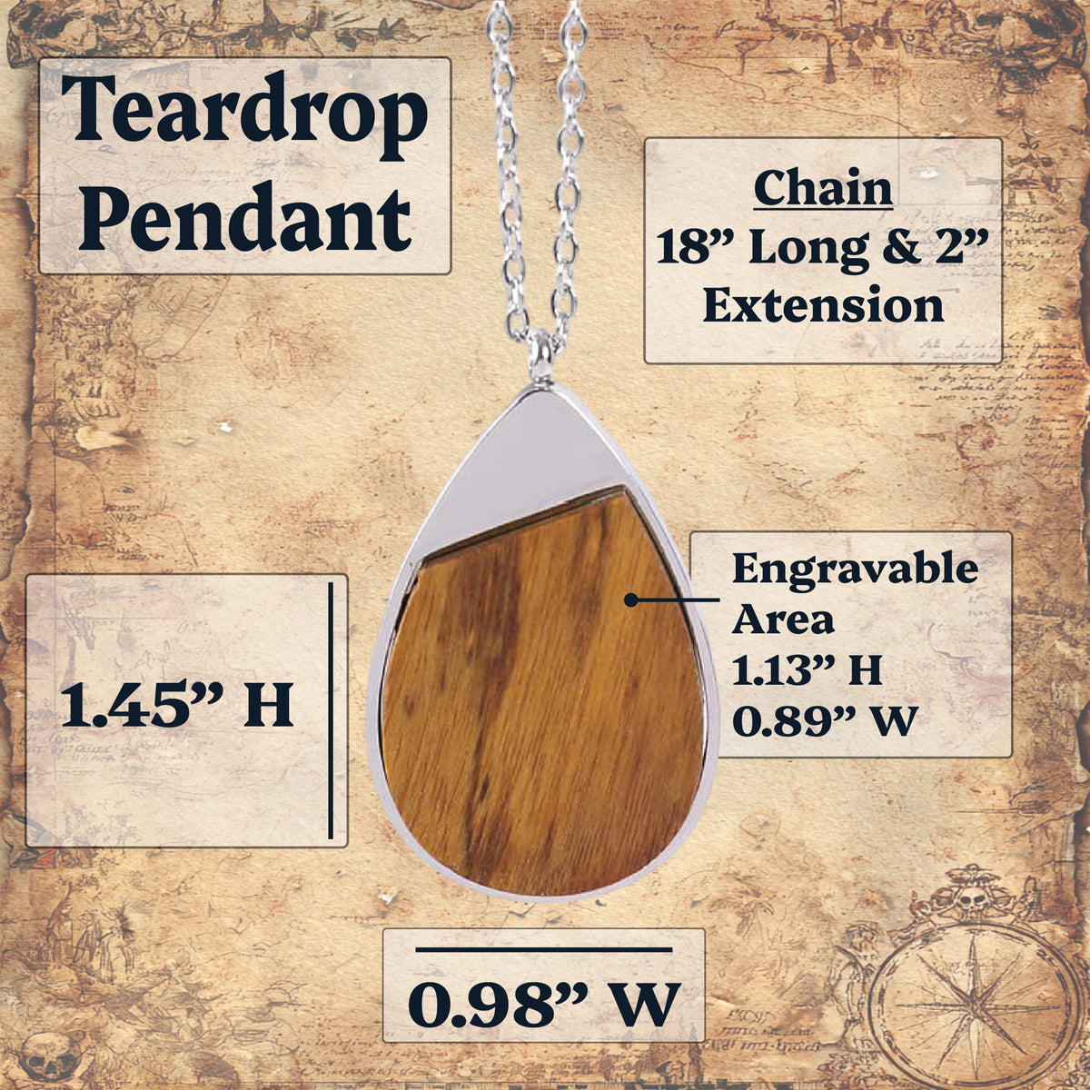 Teardrop pendant necklace with a silver-toned top section and a wood-grain lower section, shown on a textured parchment-style background with measurement labels and text describing chain length and engraving area.