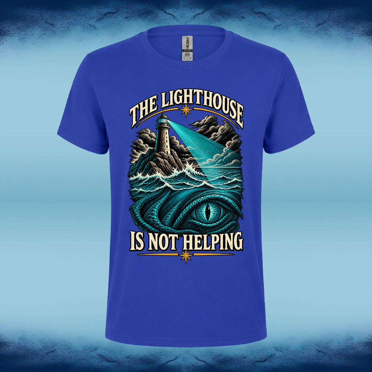 Royal blue crew neck tee with the "The Lighthouse is Not Helping" funny lighthouse graphic, by Sigil Harbor