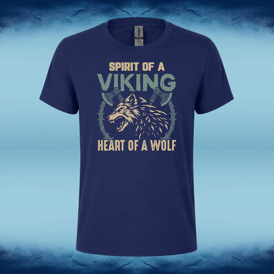 A navy blue short-sleeve t-shirt with a Viking-themed graphic print featuring a wolf and the text 'SPIRIT OF A VIKING' and 'HEART OF A WOLF' in beige and light green, displayed against a blue textured background.