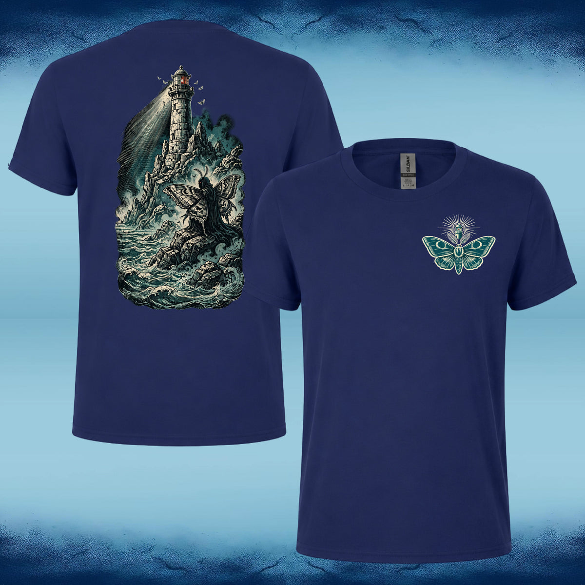 Navy Watcher of the Light T-shirt, front and back, with a teal moth chest emblem and winged figure beneath a lighthouse amid crashing waves