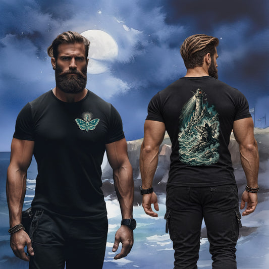Model wearing the black Watcher of the Light T-shirt, showing a teal moth chest emblem and lighthouse scene with a winged figure on the back