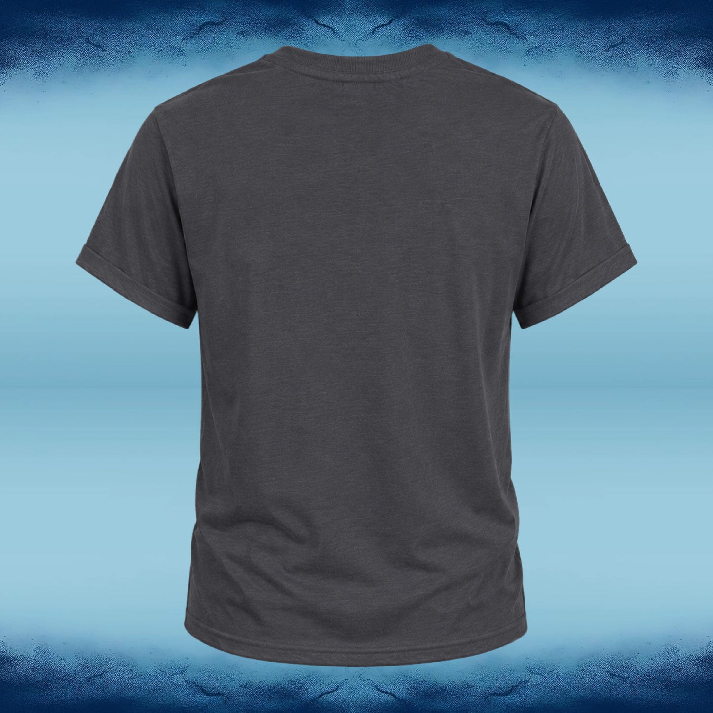 A dark gray short-sleeve t-shirt shown from the back, centered against a blue gradient background with a textured dark blue border.