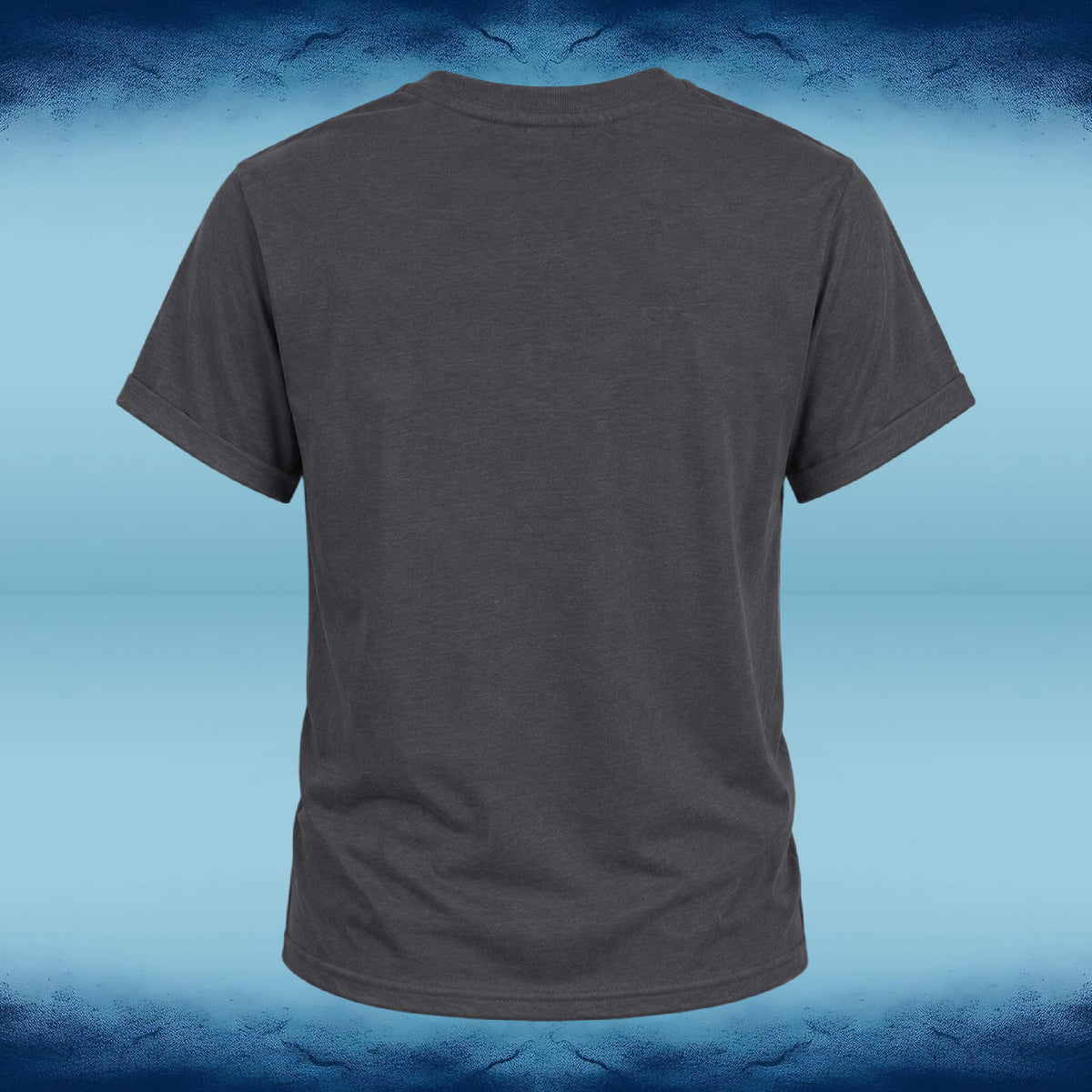 A dark gray short-sleeve t-shirt shown from the back, centered against a blue gradient background with a textured dark blue border.