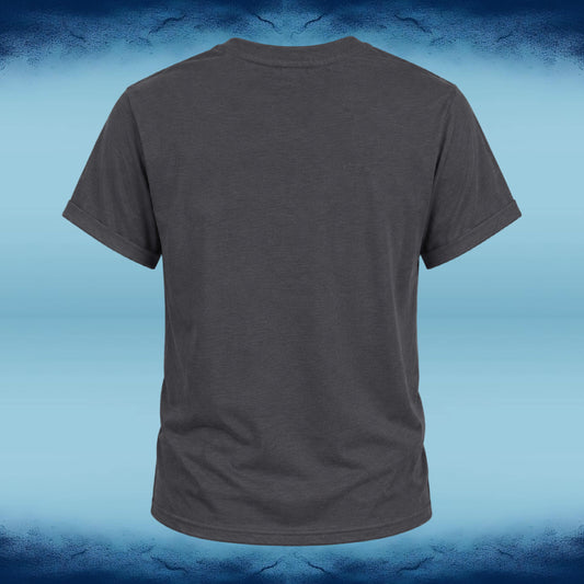 A dark gray short-sleeve t-shirt shown from the back, centered against a blue gradient background with a textured dark blue border.