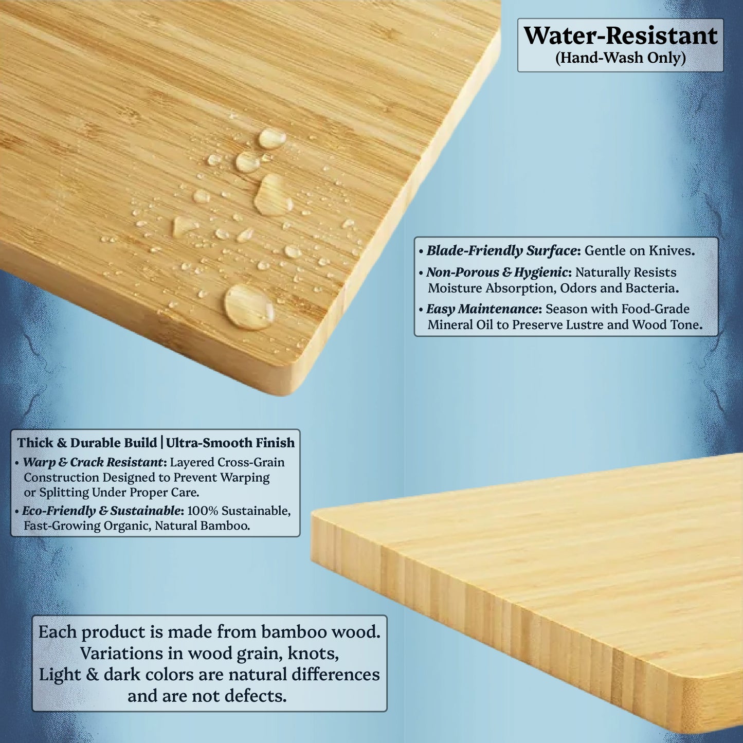 A promotional graphic for bamboo cutting boards with text callouts explaining water resistance, blade-friendliness, thickness, and natural color variations. Two angled views of a light natural bamboo board are shown on a blue gradient background.