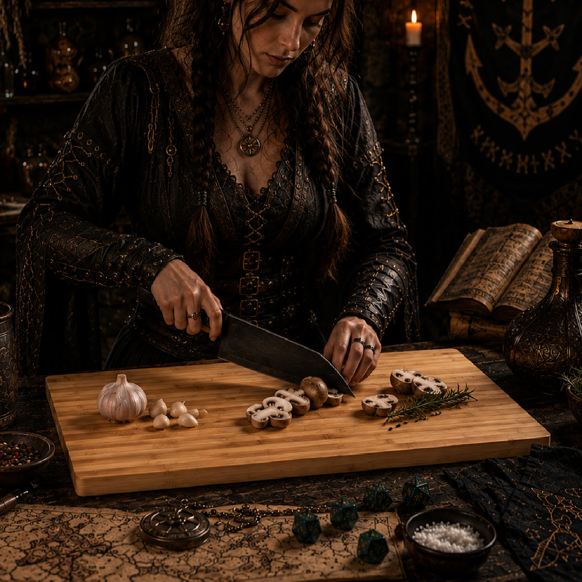 A woman in a dark medieval-style dress slices mushrooms on a wooden cutting board in a dimly lit, atmospheric kitchen or study setting with candles, an open book, and herbs.