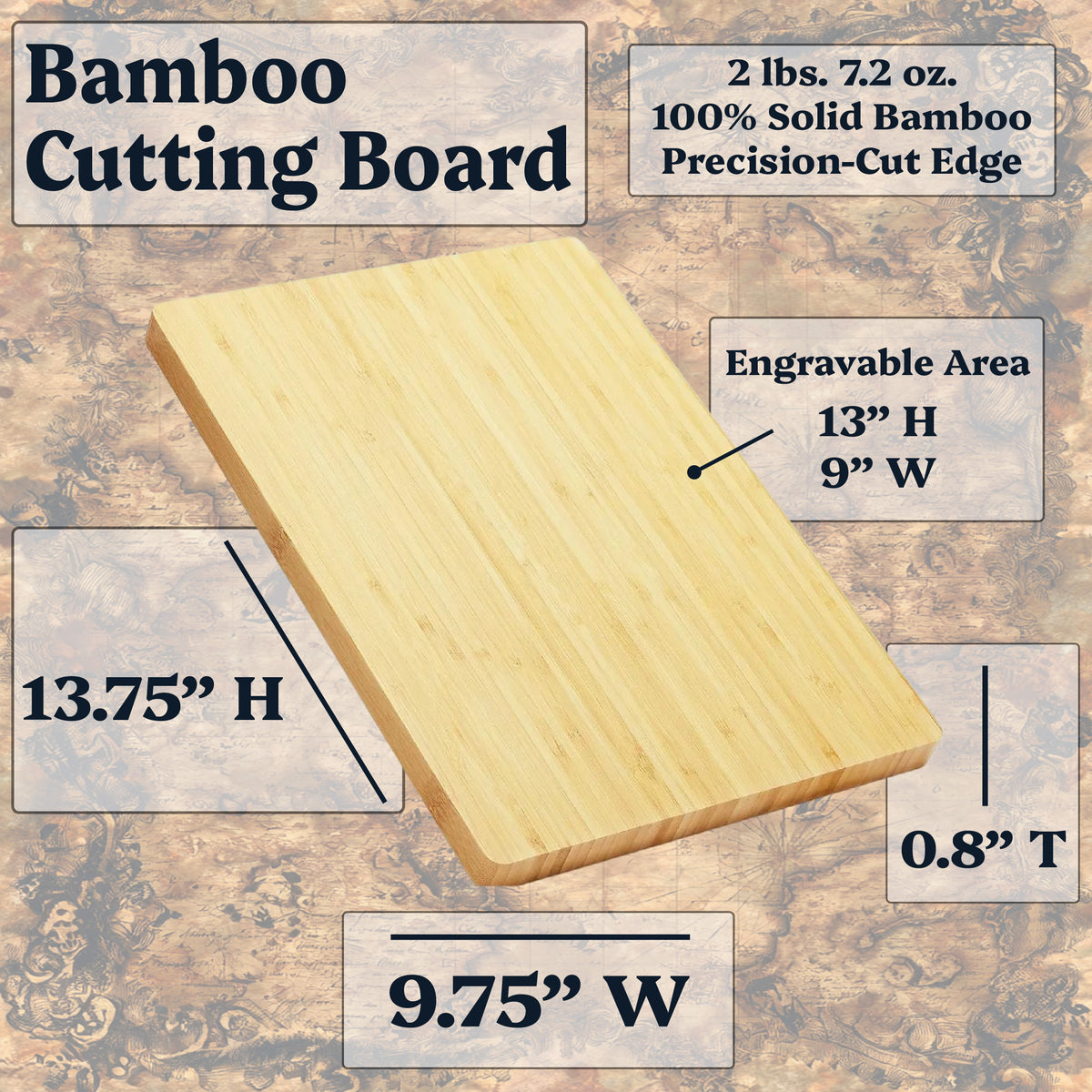 A bamboo cutting board shown at an angle with overlaid dimension labels and text describing its size and material. The board is light natural bamboo with visible wood grain, and the background is a textured brown patterned surface.