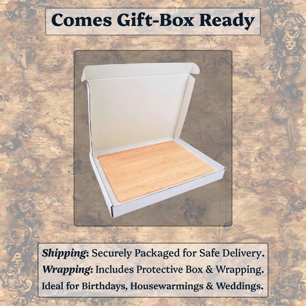 A white cardboard gift box with an open lid and a light wood tray or insert inside, shown on a decorative beige patterned background with text stating 'Comes Gift-Box Ready' and shipping/wrapping details.