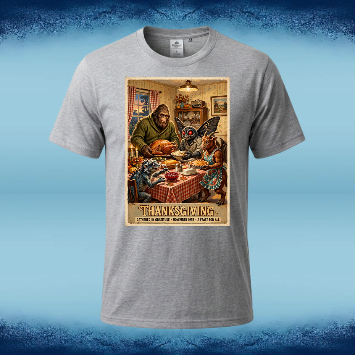 Sport grey crewneck graphic tee featuring Bigfoot, Mothman, and fellow cryptids gathered around a Thanksgiving dinner table.