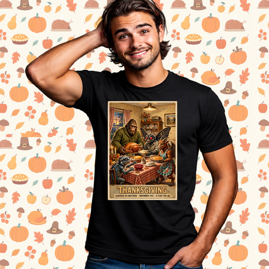 Model wearing a black crewneck tee with a vintage-style illustration of cryptids sharing Thanksgiving dinner.