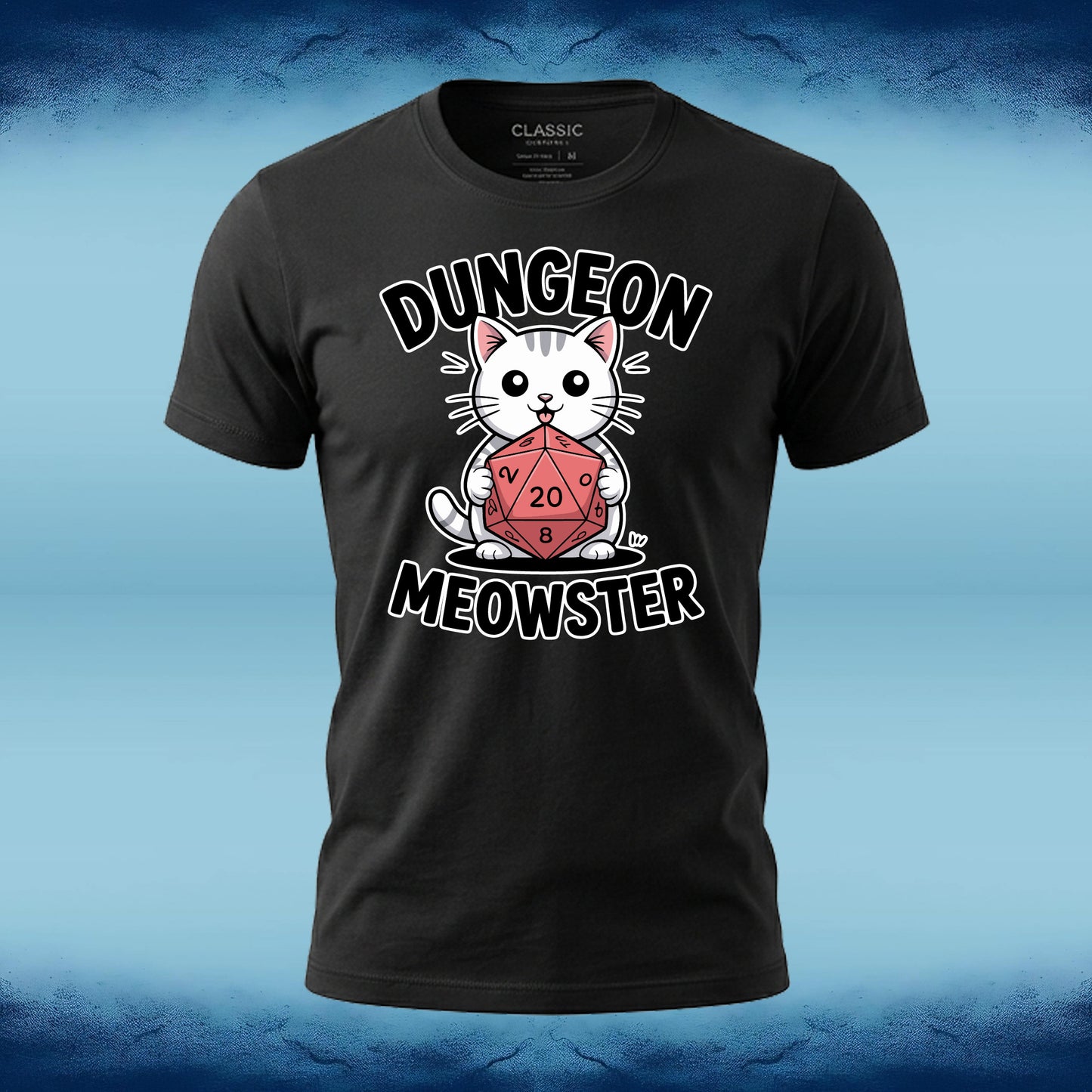 A black graphic t-shirt featuring a cartoon white cat holding a red twenty-sided die, with the text 'DUNGEON MEOWSTER' in white outlined letters. The shirt is displayed against a blue textured background.