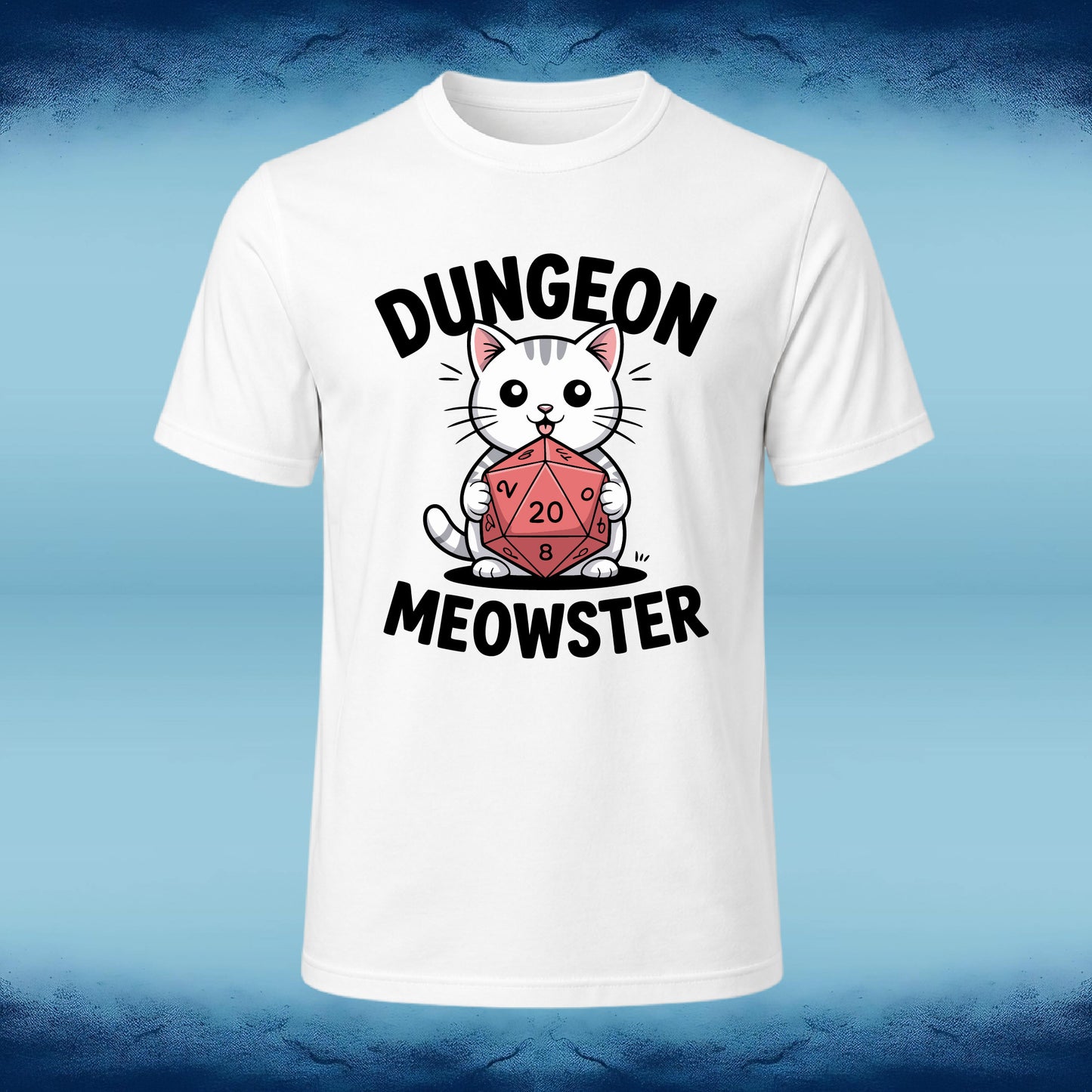 A white short-sleeve crewneck t-shirt featuring a cartoon graphic of a white cat holding a red twenty-sided d20 die, with the text 'DUNGEON MEOWSTER' in black arched above and below, displayed against a blue gradient background.