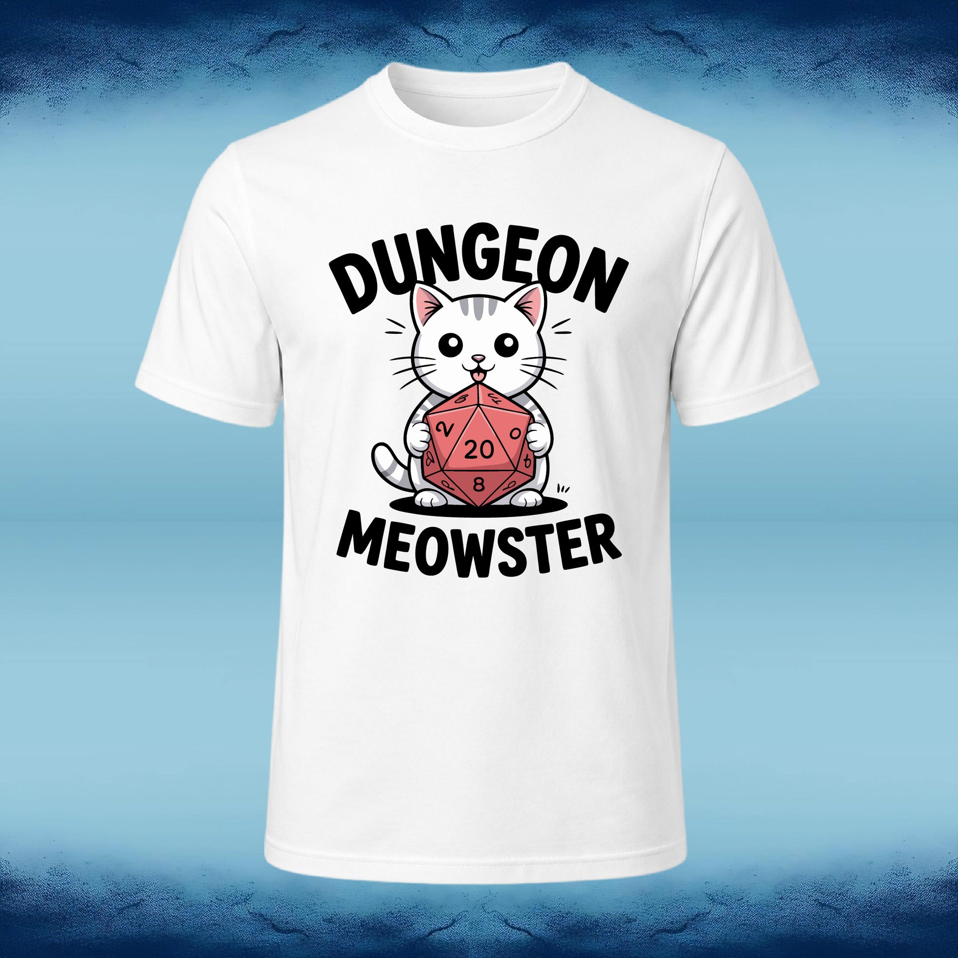 A white short-sleeve crewneck t-shirt featuring a cartoon graphic of a white cat holding a red twenty-sided d20 die, with the text 'DUNGEON MEOWSTER' in black arched above and below, displayed against a blue gradient background.