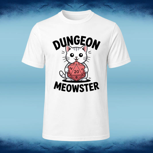 A white short-sleeve crewneck t-shirt featuring a cartoon graphic of a white cat holding a red twenty-sided d20 die, with the text 'DUNGEON MEOWSTER' in black arched above and below, displayed against a blue gradient background.