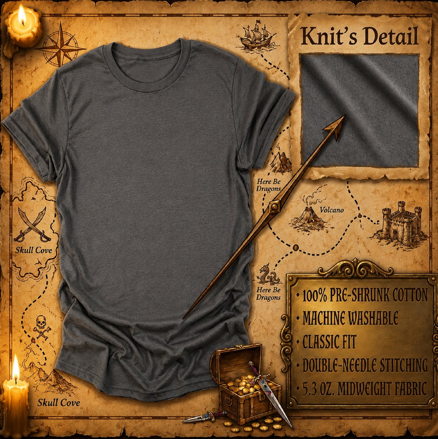 A dark gray crewneck t-shirt laid flat on an aged treasure map background, with a 'Knit's Detail' inset showing fabric texture, plus decorative props including candles, a compass, an arrow, a chest of coins, and text listing fabric details.