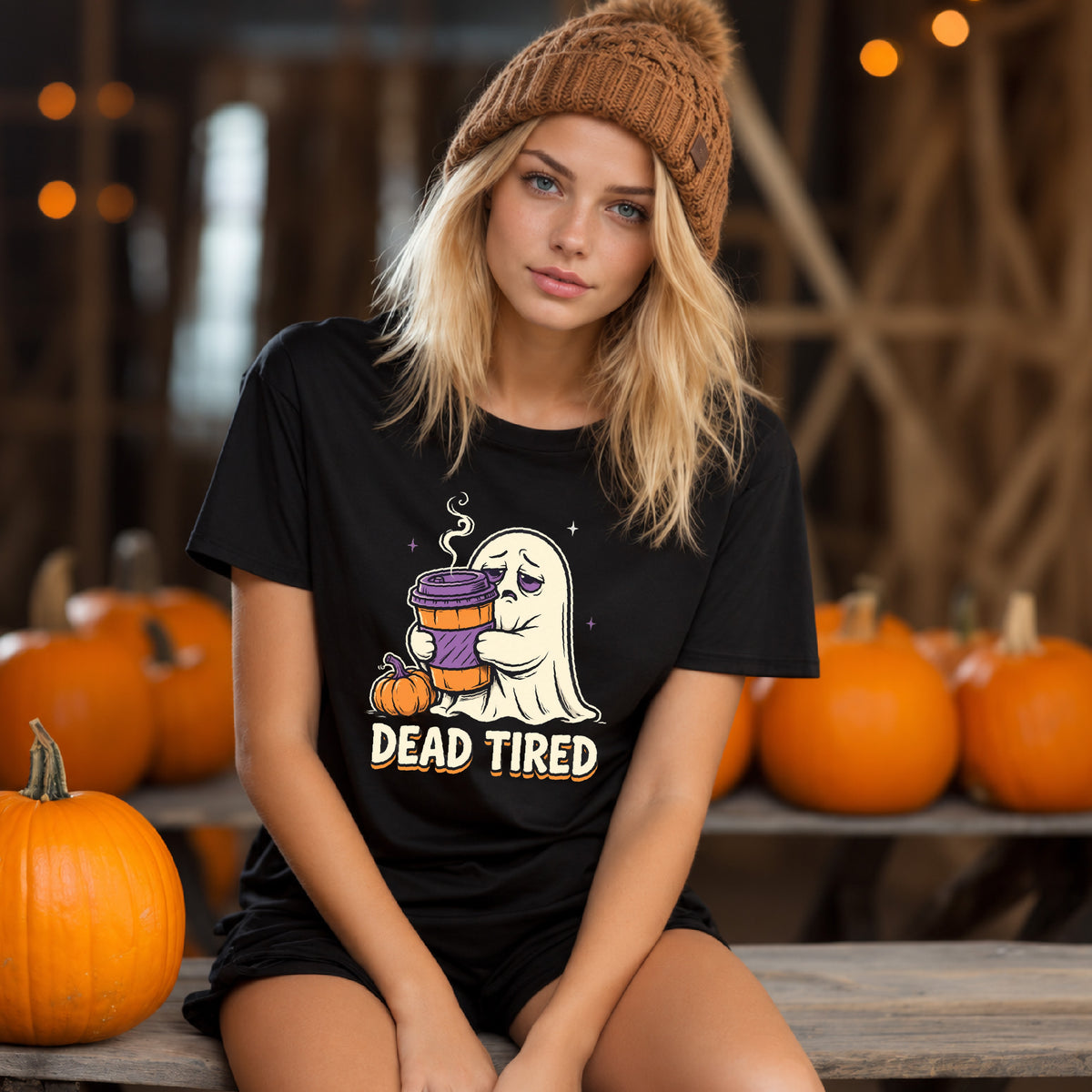 A woman wearing a black graphic t-shirt and a brown knit beanie sits on a wooden bench surrounded by pumpkins in a rustic barn setting. The t-shirt features a cartoon ghost holding a purple mug with the text 'DEAD TIRED'.