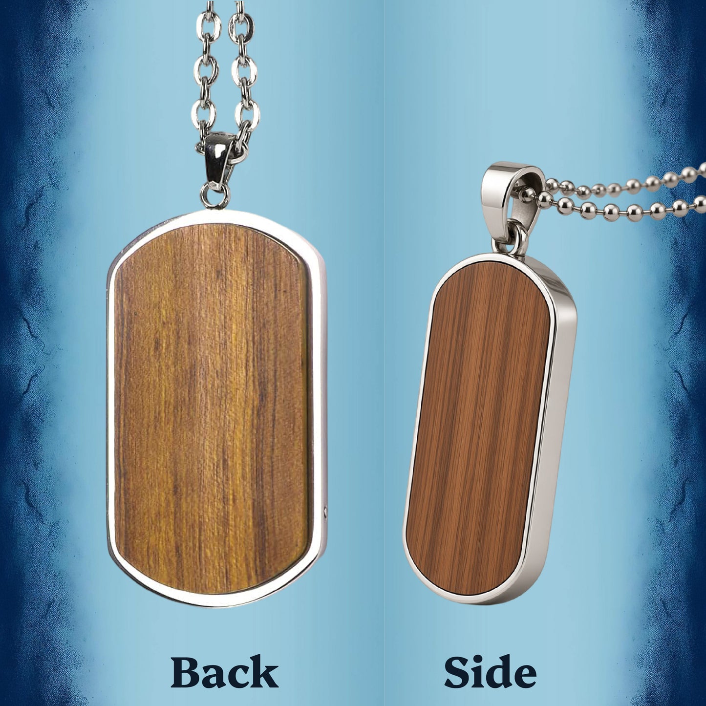 Two views of a dog tag pendant necklace with a brown woodgrain face and silver-tone border and chain, labeled Back and Side on a blue textured background.