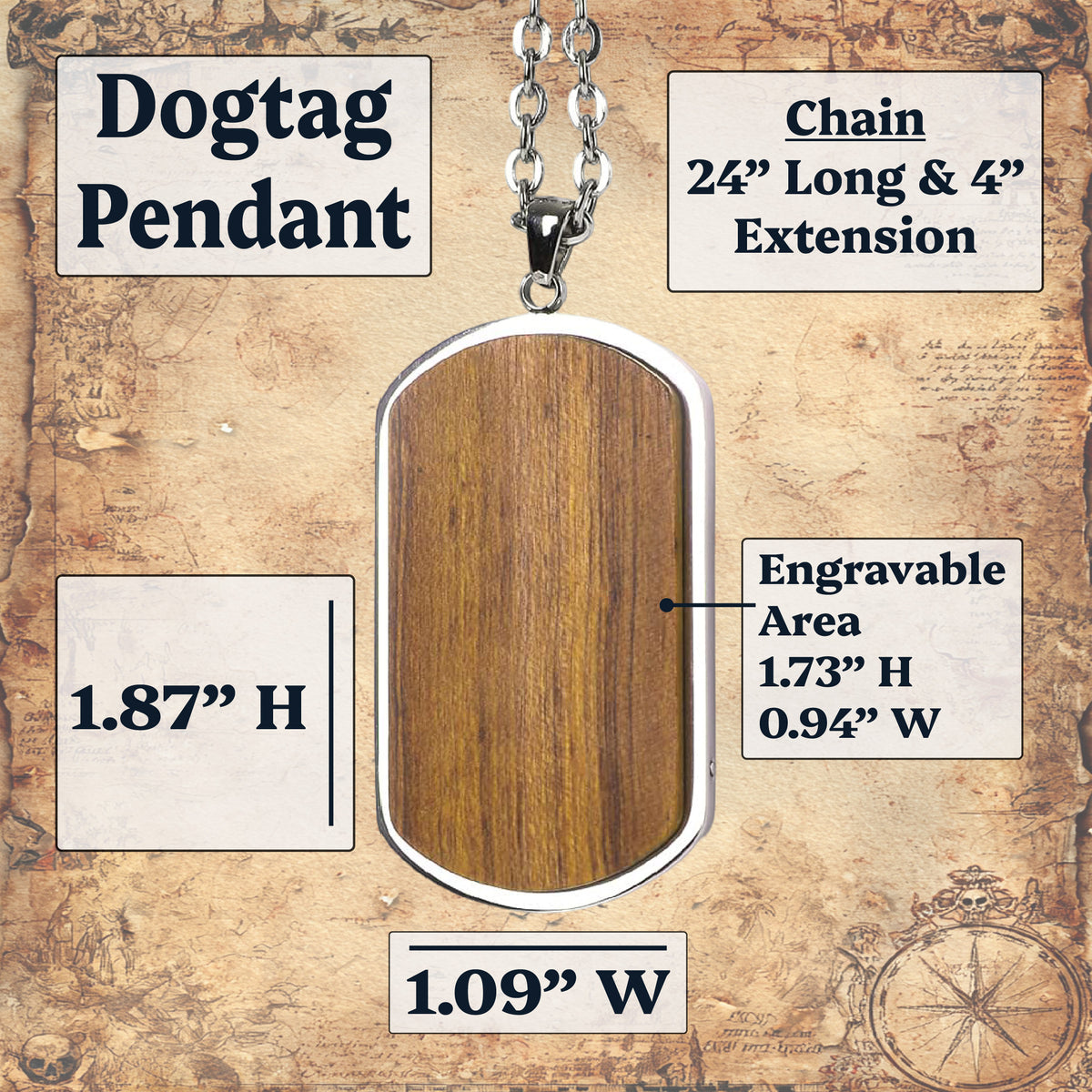 A dogtag pendant necklace with a wood-grain finish and silver-tone chain, shown on a parchment-style background with measurement callouts and text labels for height, width, and engraving area.