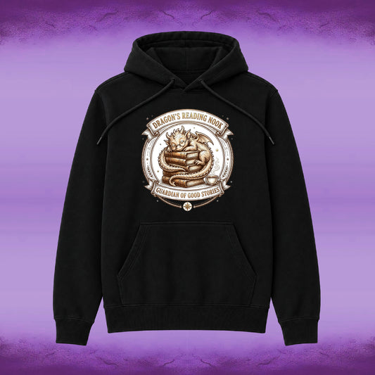A black pullover hoodie with a large circular graphic on the chest featuring a dragon curled around a book, with banners reading 'Dragon's Reading Noon' and 'Guardian of Good Stories'. The hoodie is shown against a purple gradient background.