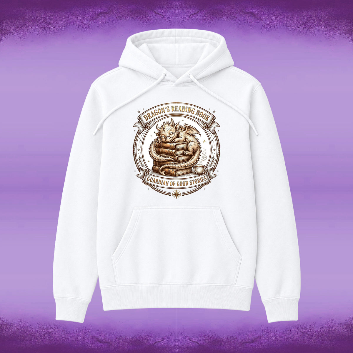 A white pullover hoodie with a detailed brown graphic on the chest depicting a dragon curled around a book, with banners reading 'Dragon's Reading Nook' and 'Keeper of Good Stories'. The hoodie is displayed against a purple textured background.