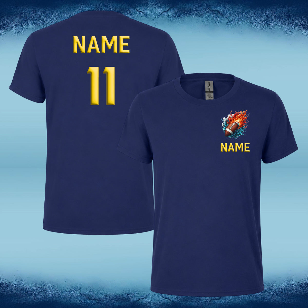 Two navy blue custom t-shirts shown from the front and back against a blue textured background. The back features 'NAME' and '11' in yellow.