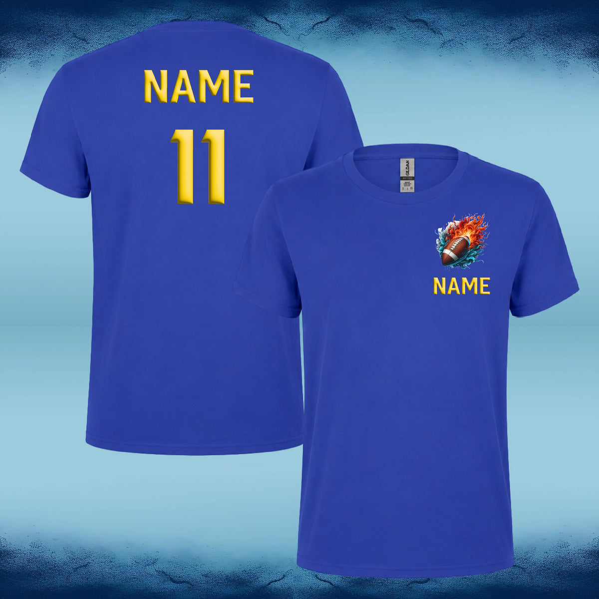 Two royal blue custom sports jerseys shown against a blue gradient background. The back jersey displays 'NAME' and '11' in yellow, while the front jersey features a small graphic of a flaming football with the word 'NAME' below it in yellow.