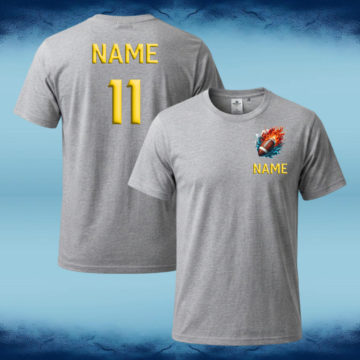 Two heather gray custom t-shirts shown from the front and back. The back features 'NAME' and '11' in yellow.