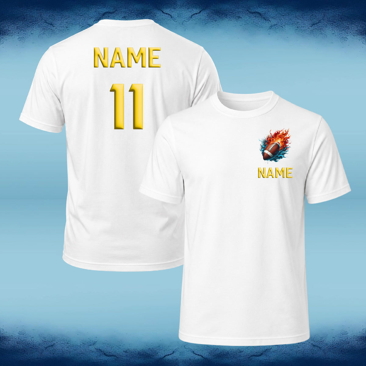 Two white short-sleeve custom T-shirts shown against a blue gradient background, displaying the front and back views. The back features 'NAME' and '11' in yellow text, while the front has a small graphic of a football engulfed in flames with 'NAME' printed below in yellow.