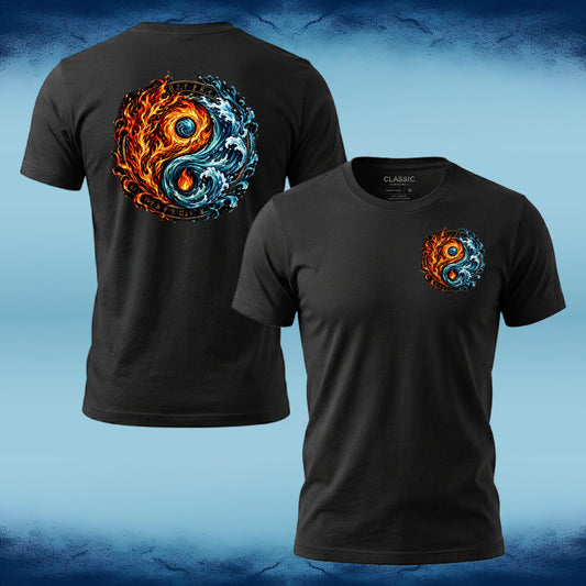 Black short-sleeve t-shirt shown from both front and back on a blue gradient background. The front has a small yin-yang style graphic with orange flames and blue waves, and the back has a larger version of the same design.