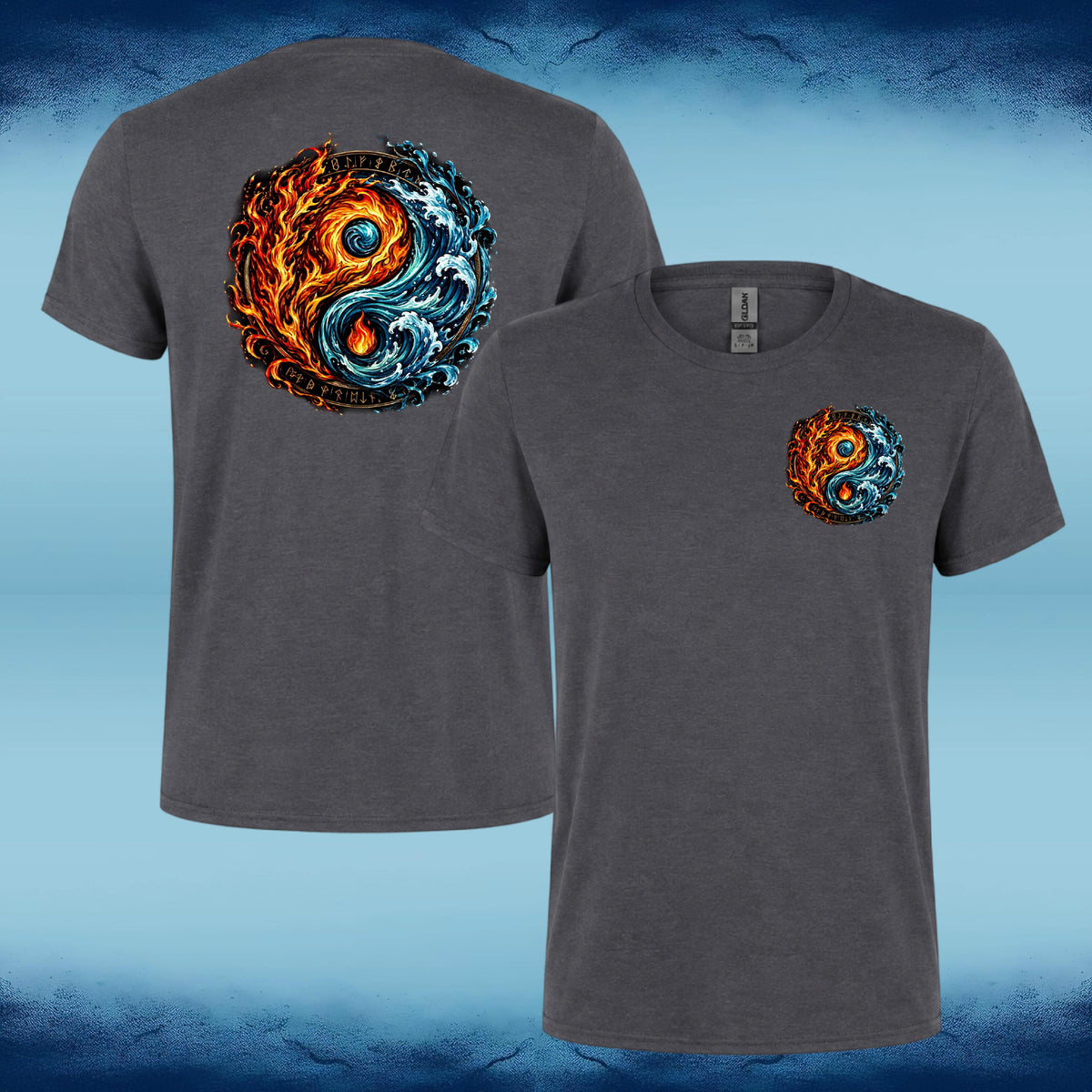 Two views of a dark heather gray t-shirt featuring a circular yin-yang style graphic with swirling orange and blue flame/water patterns. The back view shows a large graphic, while the front view shows a smaller matching graphic on the left chest.