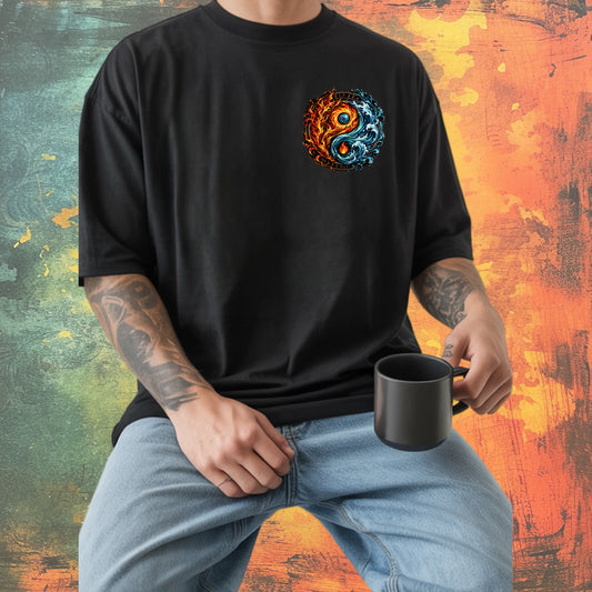 A man wearing a black t-shirt with a colorful, split-design yin-yang symbol on the chest, holding a black mug against a textured, multicolored background.