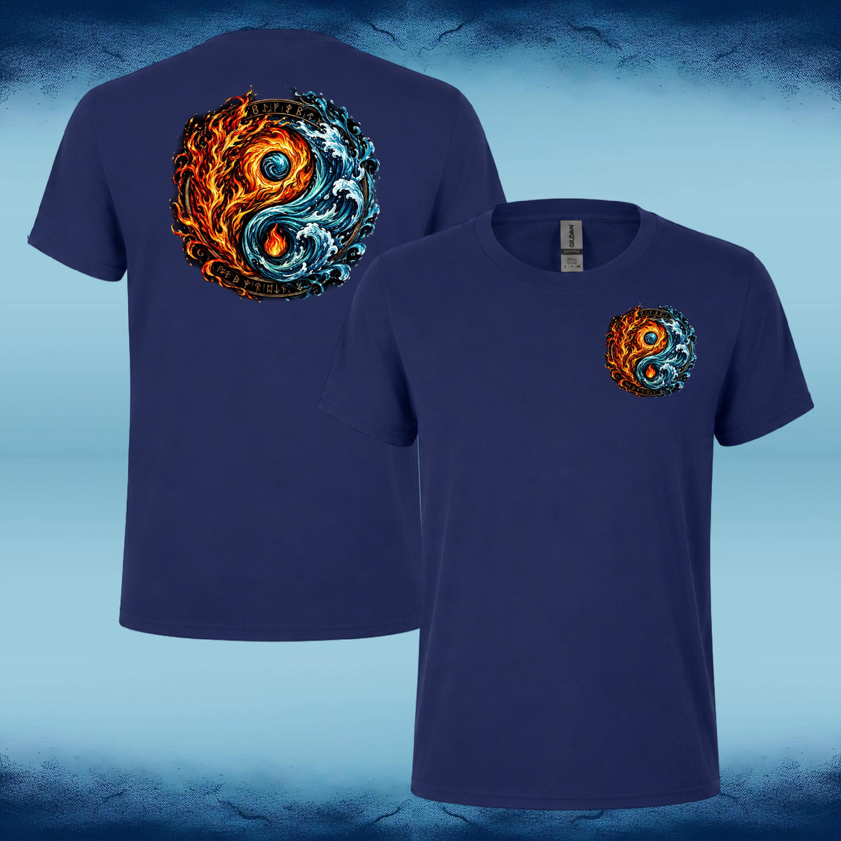 A navy blue short-sleeve t-shirt shown from both front and back. The front features a small yin-yang graphic on the left chest with orange and blue flame/water elements, and the back features a larger version of the same graphic.