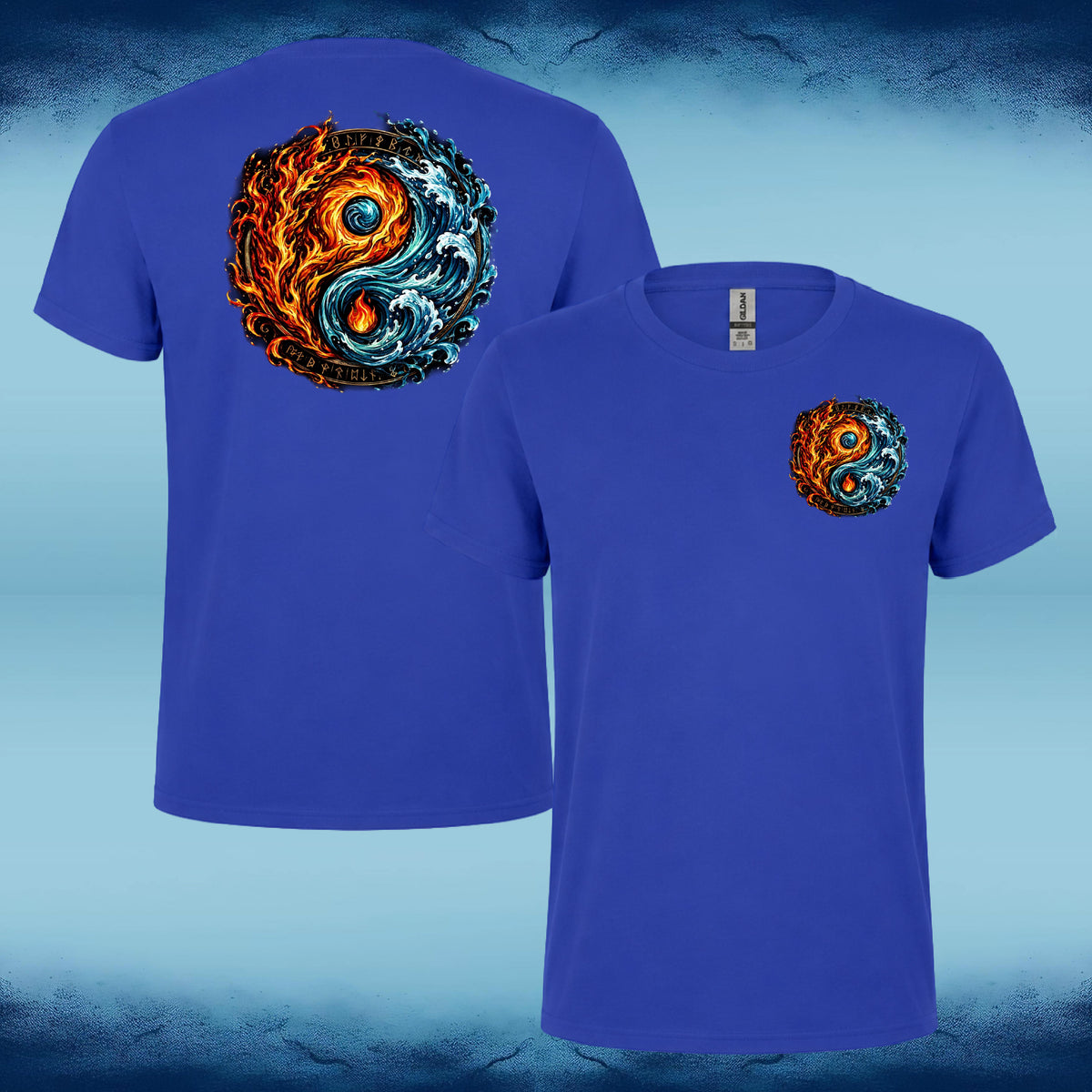 Two views of a royal blue short-sleeve t-shirt showing the front and back. The back features a large circular yin-yang graphic with a split design of orange flames and blue waves, while the front has a smaller matching graphic on the left chest.