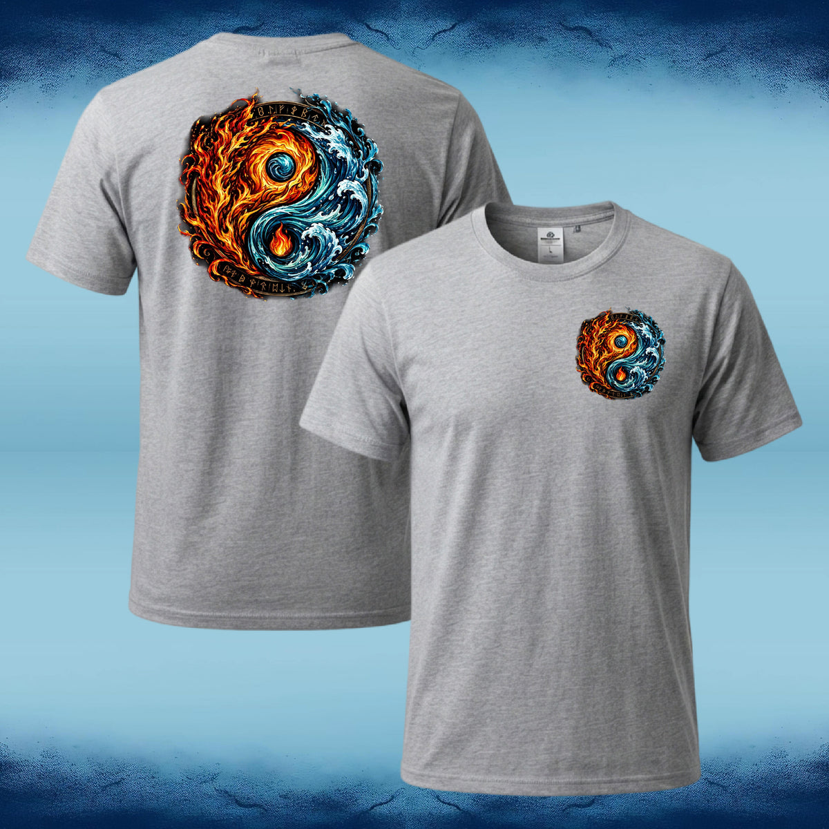 Two heather gray t-shirts shown against a blue textured background, displaying the front and back views. The back shirt features a large circular yin-yang graphic composed of orange flames and blue waves, while the front shirt features a smaller matching graphic on the left chest.