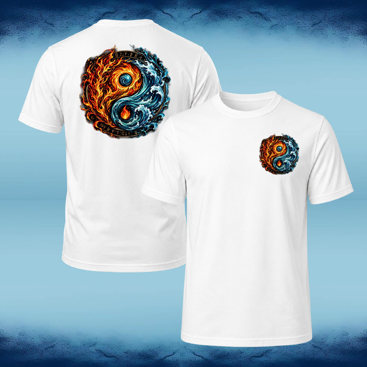 Two white short-sleeve T-shirts shown against a blue gradient background, displaying the front and back views. The back shirt features a large circular yin-yang style graphic with swirling blue water and orange fire elements, while the front shirt has a smaller matching graphic on the left chest.
