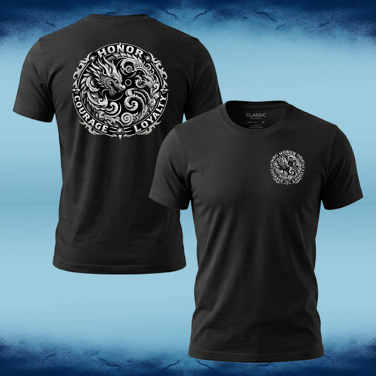 Black short-sleeve t-shirt shown from both front and back against a blue textured background. The front features a small white circular dragon graphic on the left chest, and the back features a large white circular dragon graphic with the words HONOR, COURAGE, and LOYALTY.